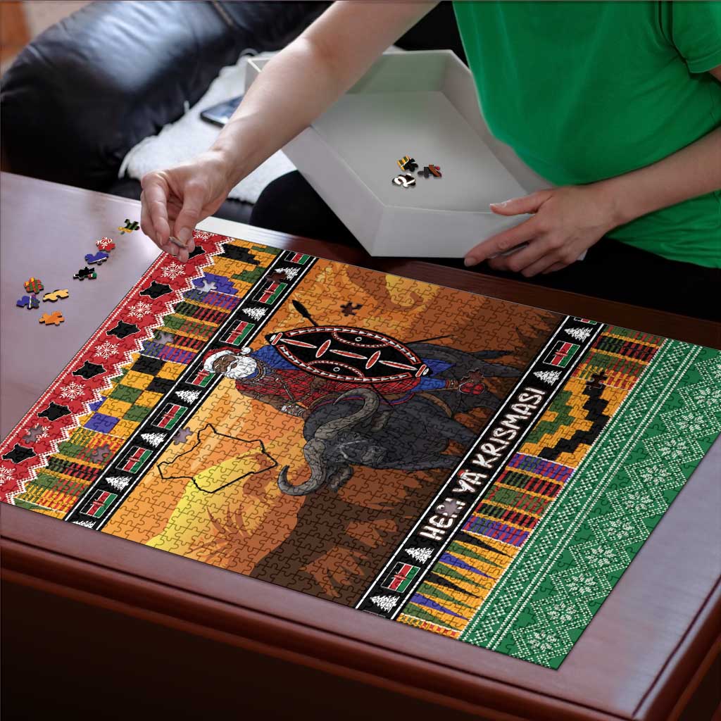 Kenya Safari Christmas Puzzle Black Santa Riding Cape Buffalo - Heri ya Krismasi - Wonder Print Shop