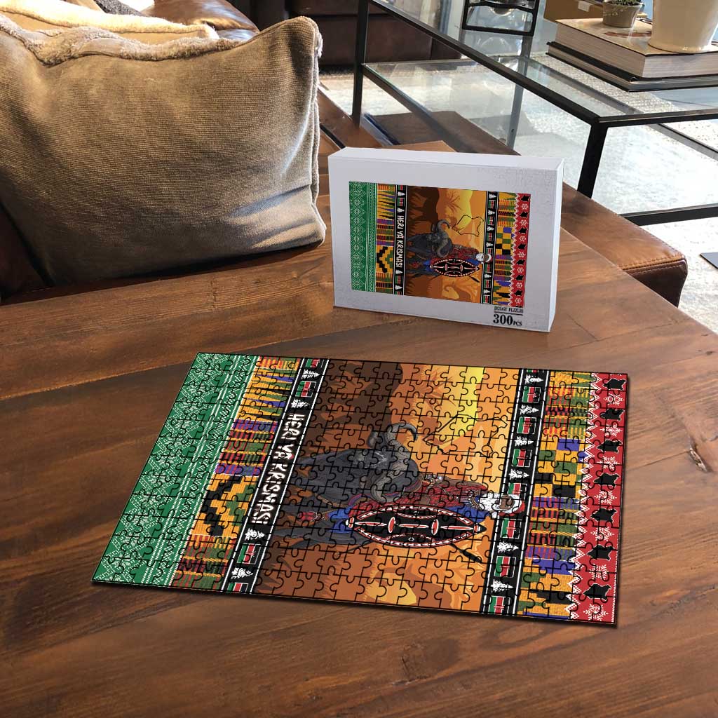 Kenya Safari Christmas Puzzle Black Santa Riding Cape Buffalo - Heri ya Krismasi - Wonder Print Shop