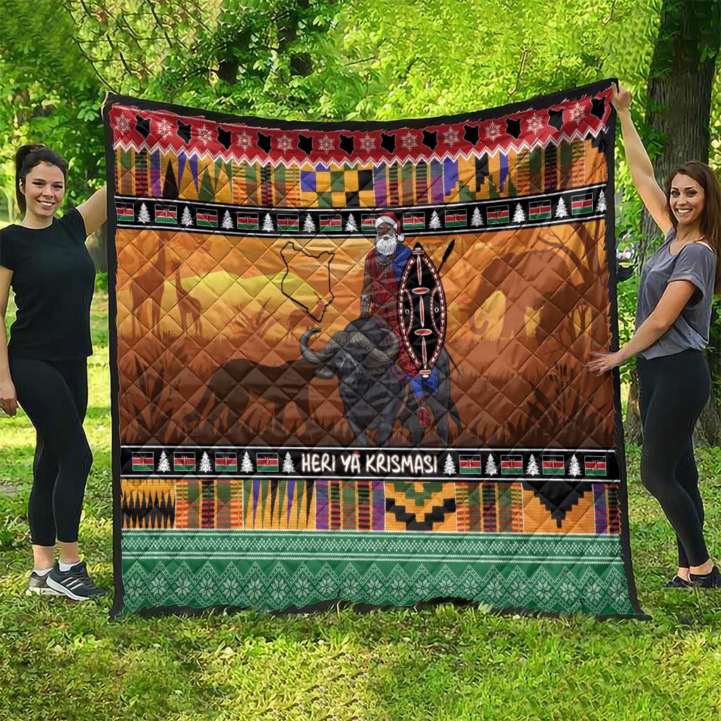 Kenya Safari Christmas Quilt Black Santa Riding Cape Buffalo - Heri ya Krismasi - Wonder Print Shop