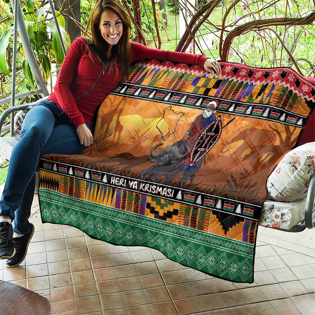 Kenya Safari Christmas Quilt Black Santa Riding Cape Buffalo - Heri ya Krismasi - Wonder Print Shop