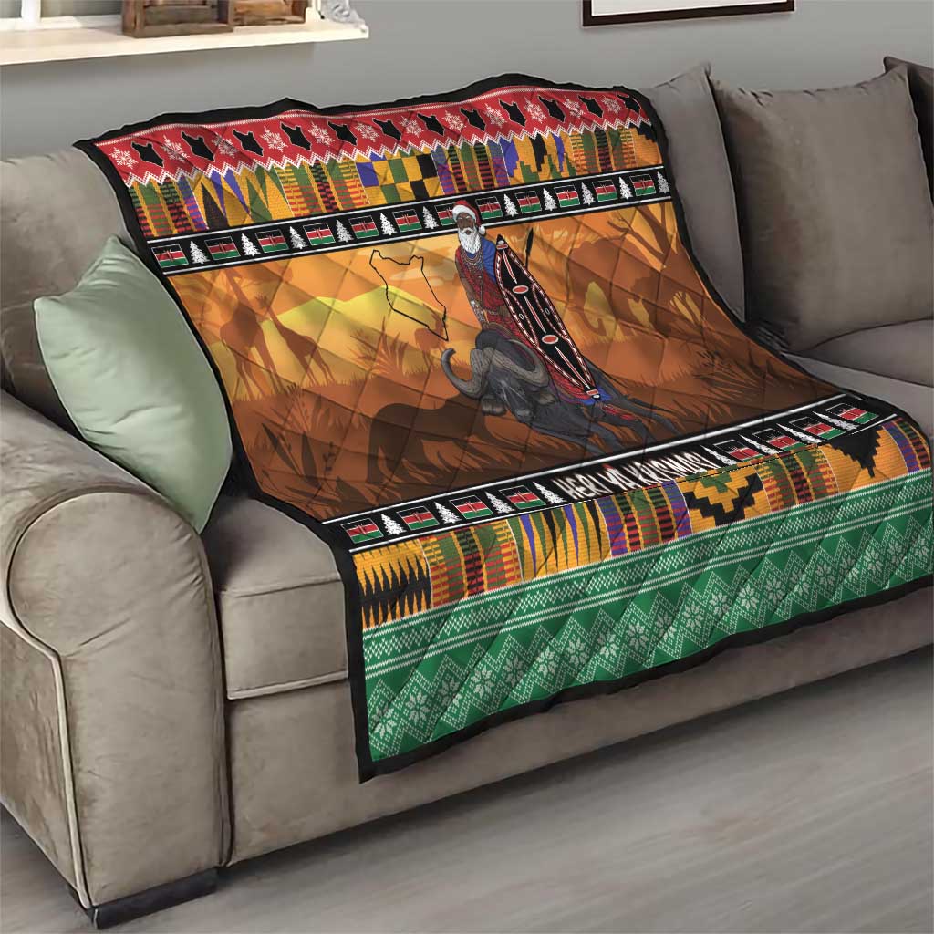 Kenya Safari Christmas Quilt Black Santa Riding Cape Buffalo - Heri ya Krismasi - Wonder Print Shop