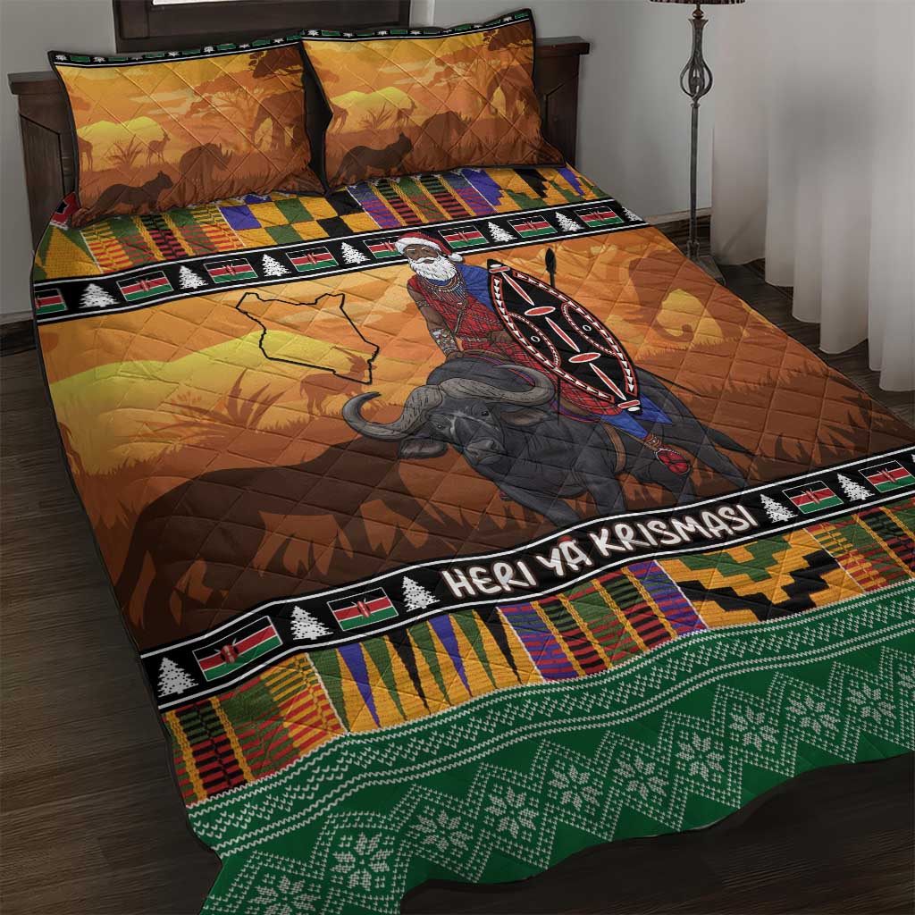 Kenya Safari Christmas Quilt Bed Set Black Santa Riding Cape Buffalo - Heri ya Krismasi - Wonder Print Shop