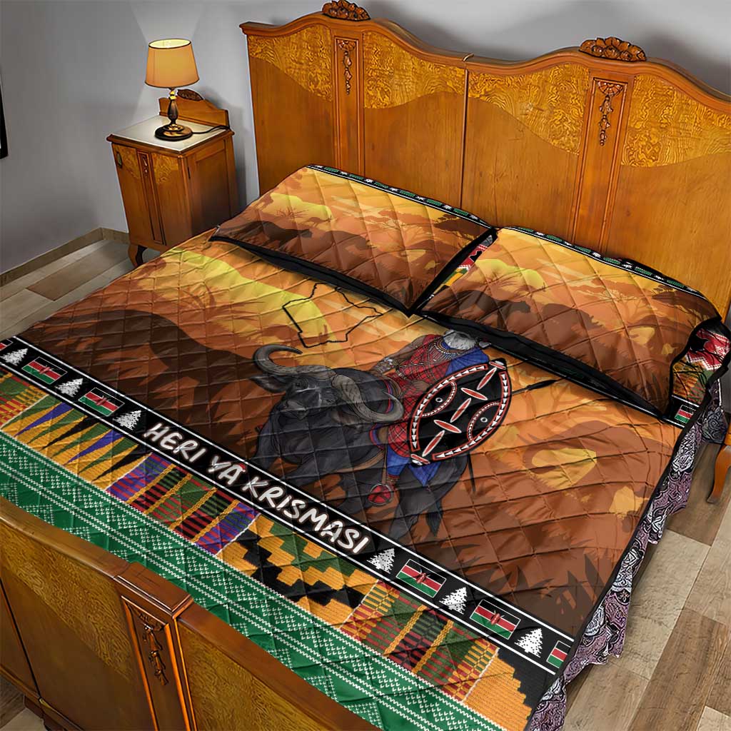 Kenya Safari Christmas Quilt Bed Set Black Santa Riding Cape Buffalo - Heri ya Krismasi - Wonder Print Shop