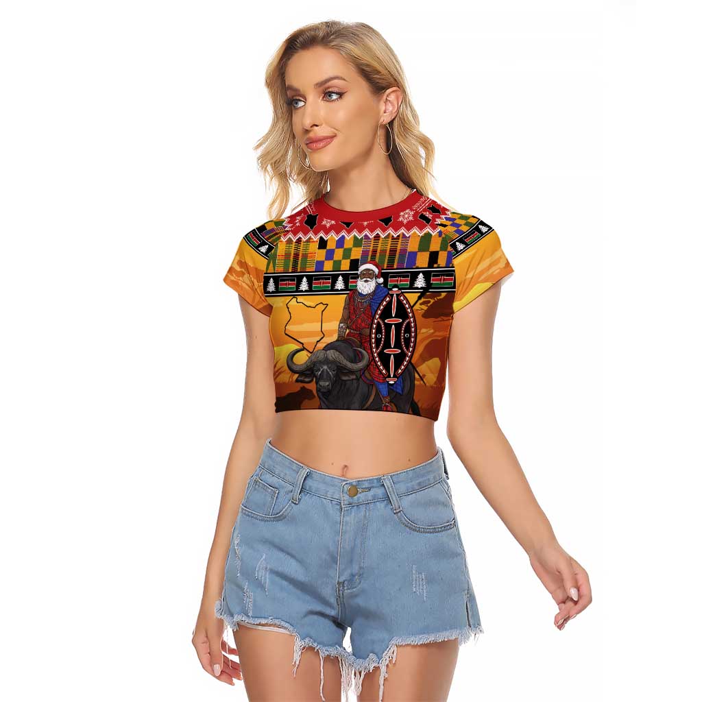 Kenya Safari Christmas Raglan Cropped T Shirt Black Santa Riding Cape Buffalo - Heri ya Krismasi - Wonder Print Shop
