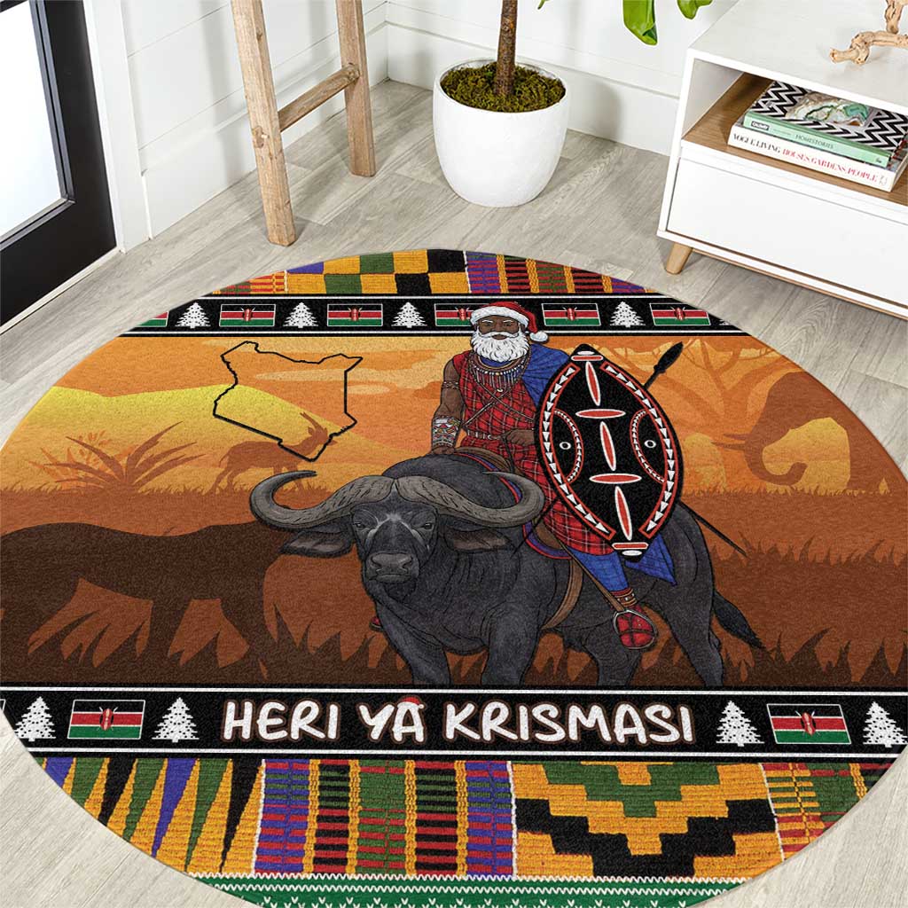 Kenya Safari Christmas Round Carpet Black Santa Riding Cape Buffalo - Heri ya Krismasi - Wonder Print Shop