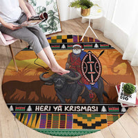 Kenya Safari Christmas Round Carpet Black Santa Riding Cape Buffalo - Heri ya Krismasi - Wonder Print Shop