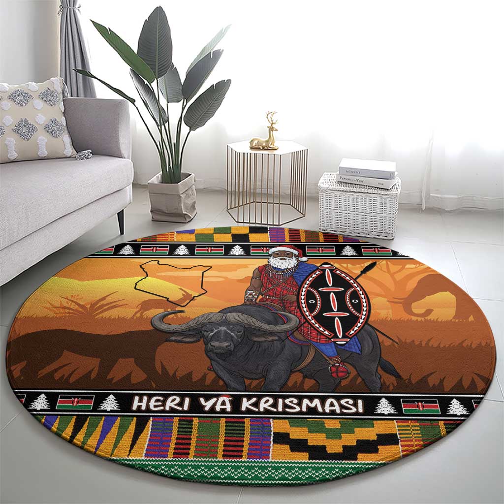 Kenya Safari Christmas Round Carpet Black Santa Riding Cape Buffalo - Heri ya Krismasi - Wonder Print Shop
