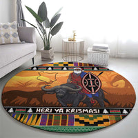 Kenya Safari Christmas Round Carpet Black Santa Riding Cape Buffalo - Heri ya Krismasi - Wonder Print Shop