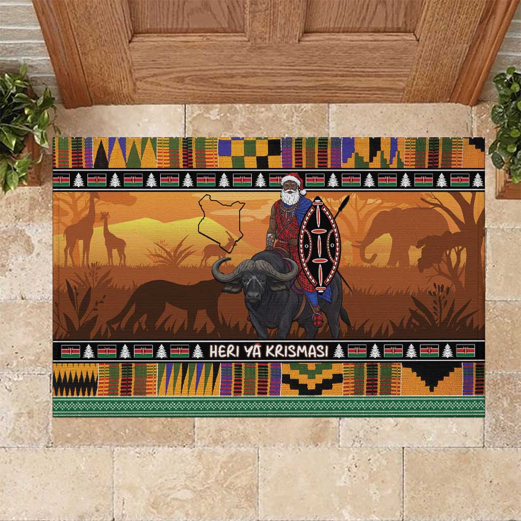 Kenya Safari Christmas Rubber Doormat Black Santa Riding Cape Buffalo - Heri ya Krismasi - Wonder Print Shop