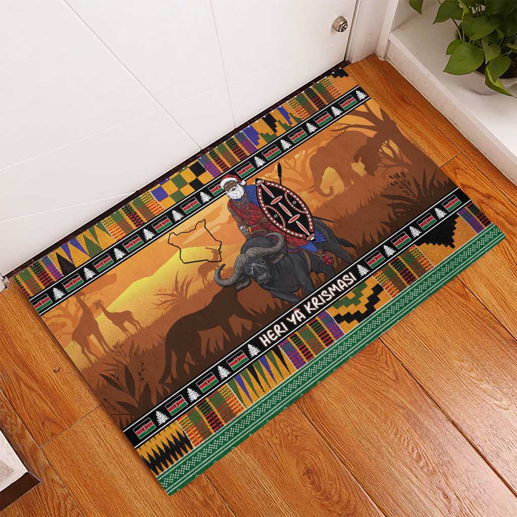 Kenya Safari Christmas Rubber Doormat Black Santa Riding Cape Buffalo - Heri ya Krismasi - Wonder Print Shop