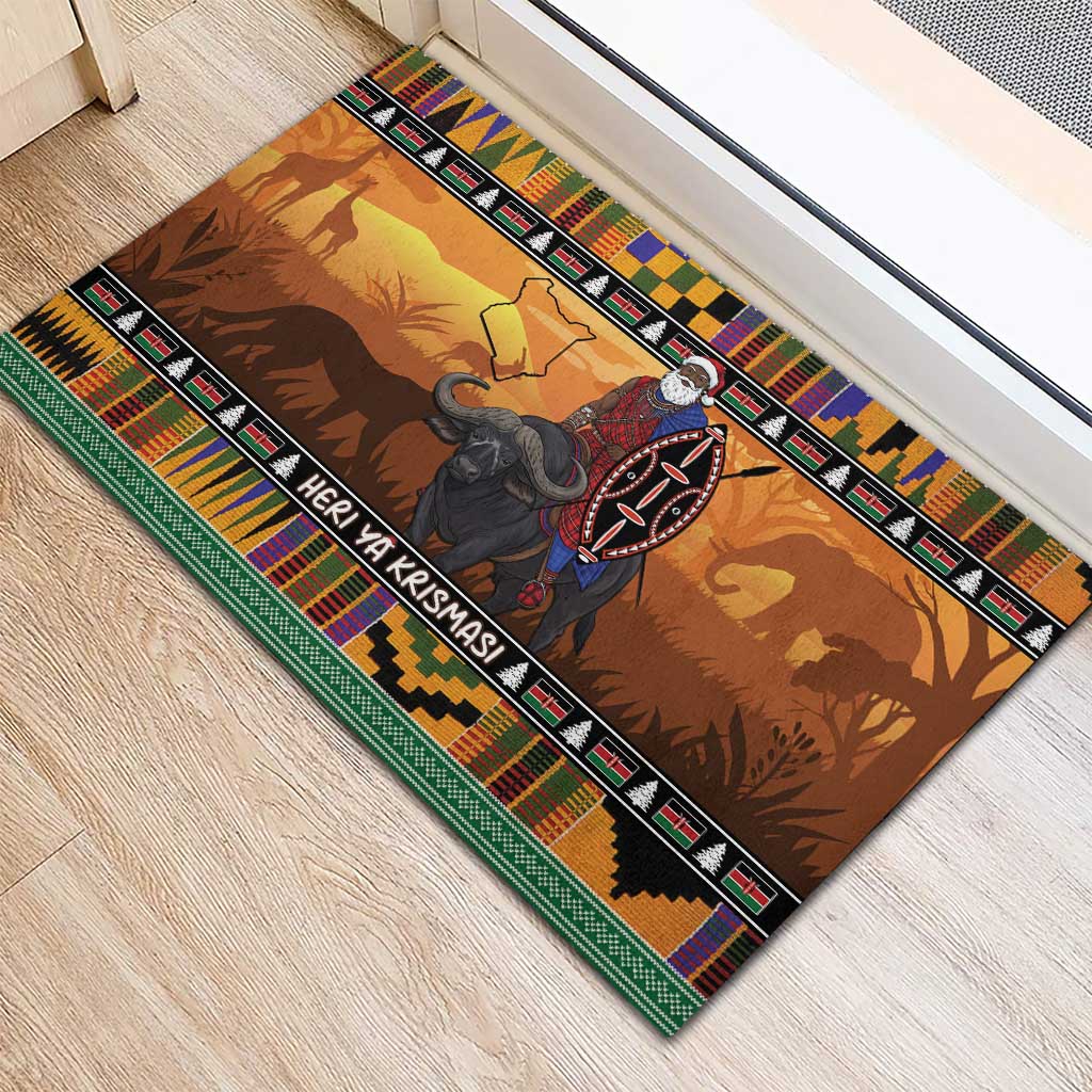Kenya Safari Christmas Rubber Doormat Black Santa Riding Cape Buffalo - Heri ya Krismasi - Wonder Print Shop