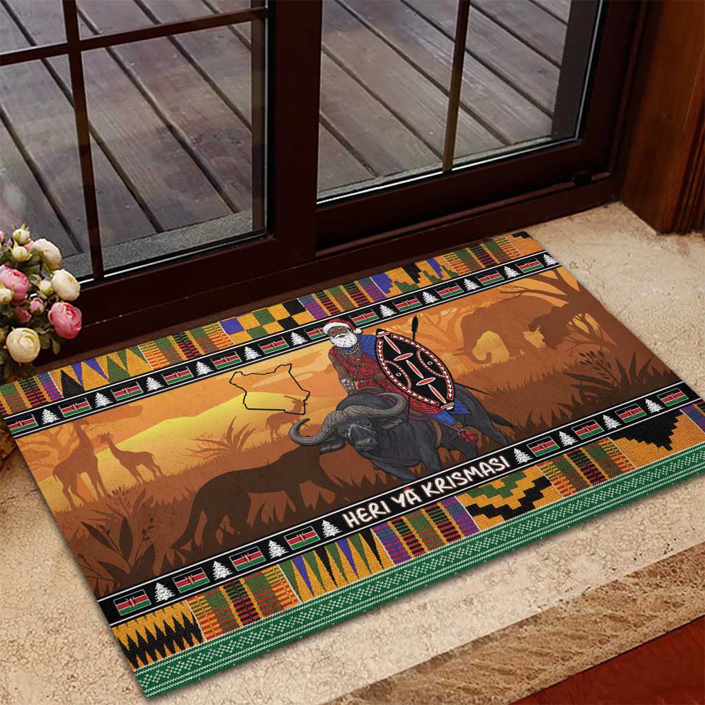 Kenya Safari Christmas Rubber Doormat Black Santa Riding Cape Buffalo - Heri ya Krismasi - Wonder Print Shop