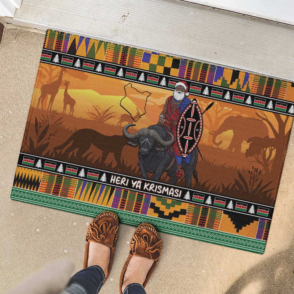 Kenya Safari Christmas Rubber Doormat Black Santa Riding Cape Buffalo - Heri ya Krismasi - Wonder Print Shop