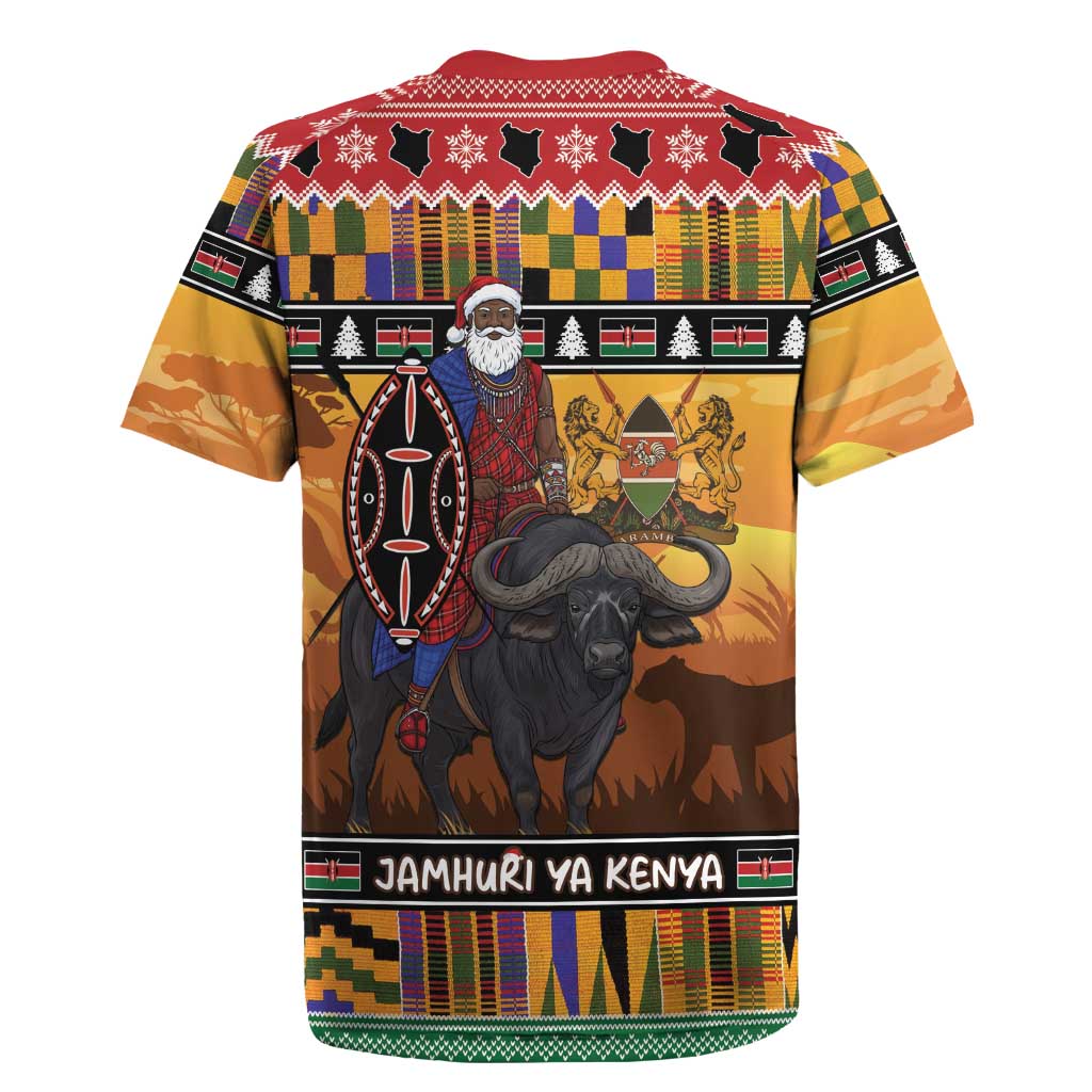 Kenya Safari Christmas Rugby Jersey Black Santa Riding Cape Buffalo - Heri ya Krismasi - Wonder Print Shop