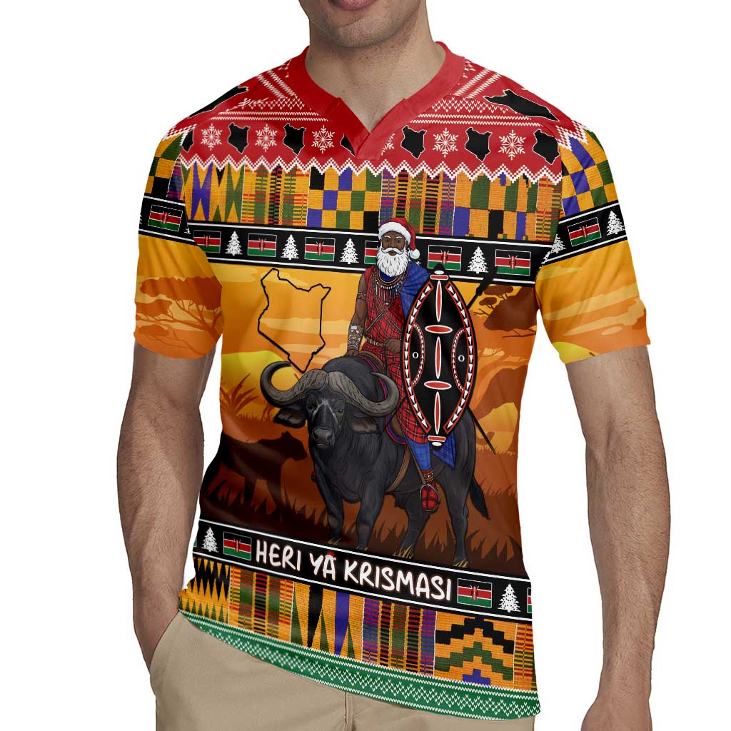 Kenya Safari Christmas Rugby Jersey Black Santa Riding Cape Buffalo - Heri ya Krismasi - Wonder Print Shop