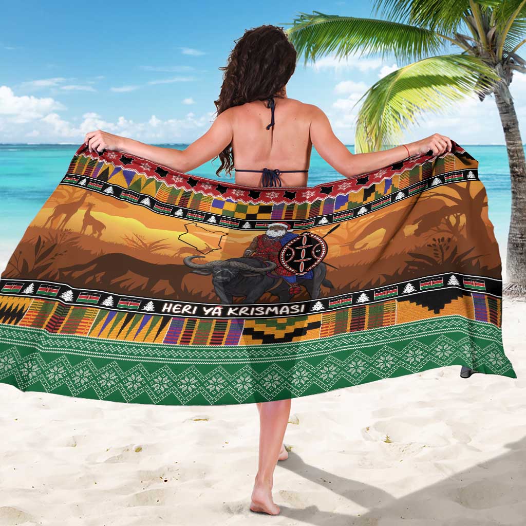 Kenya Safari Christmas Sarong Black Santa Riding Cape Buffalo - Heri ya Krismasi - Wonder Print Shop