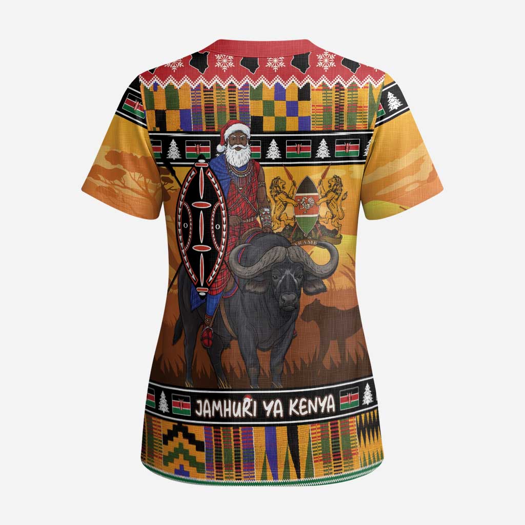 Kenya Safari Christmas Scrub Top Black Santa Riding Cape Buffalo - Heri ya Krismasi - Wonder Print Shop