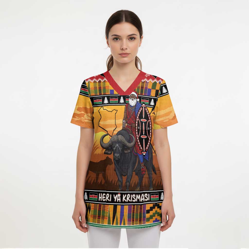 Kenya Safari Christmas Scrub Top Black Santa Riding Cape Buffalo - Heri ya Krismasi - Wonder Print Shop