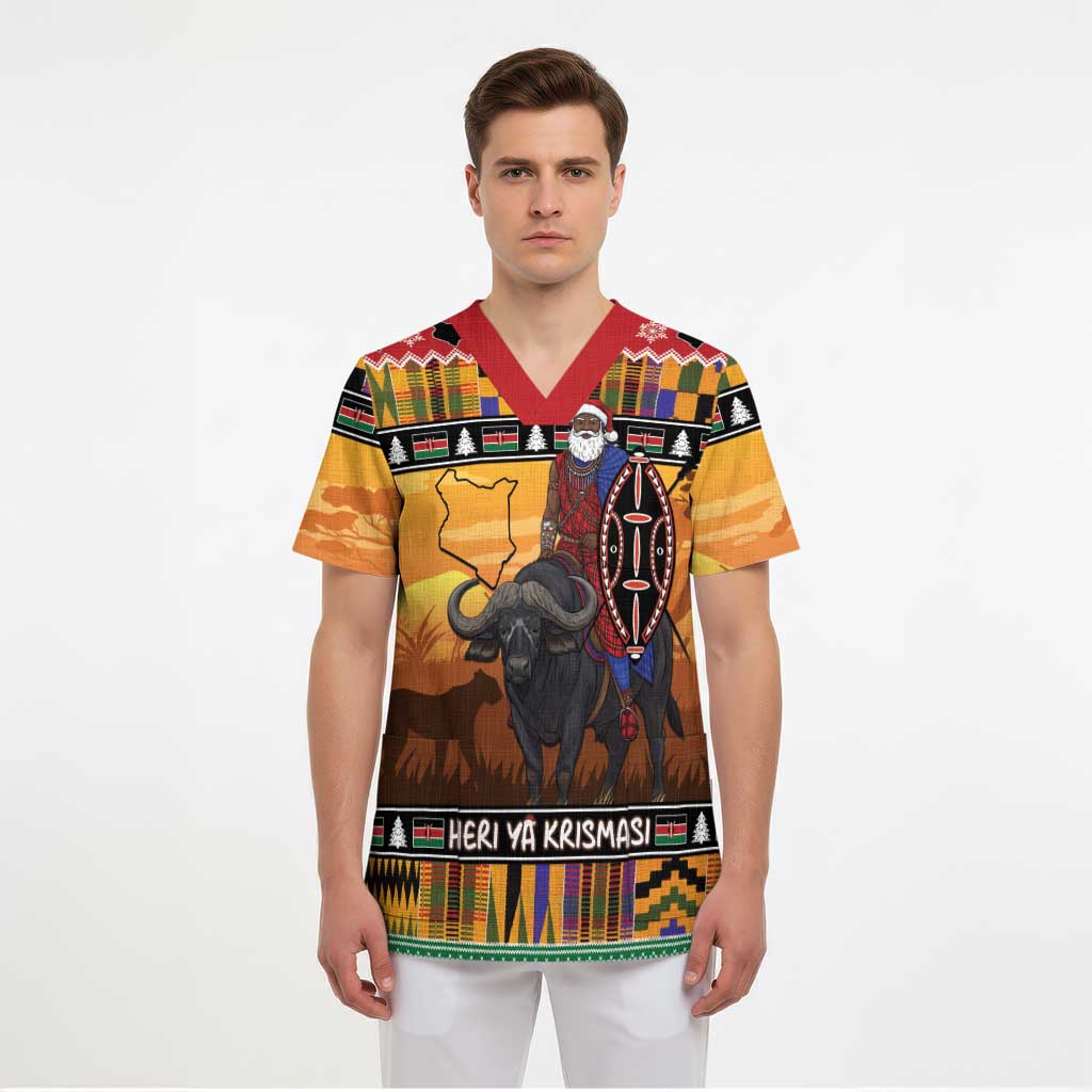 Kenya Safari Christmas Scrub Top Black Santa Riding Cape Buffalo - Heri ya Krismasi - Wonder Print Shop