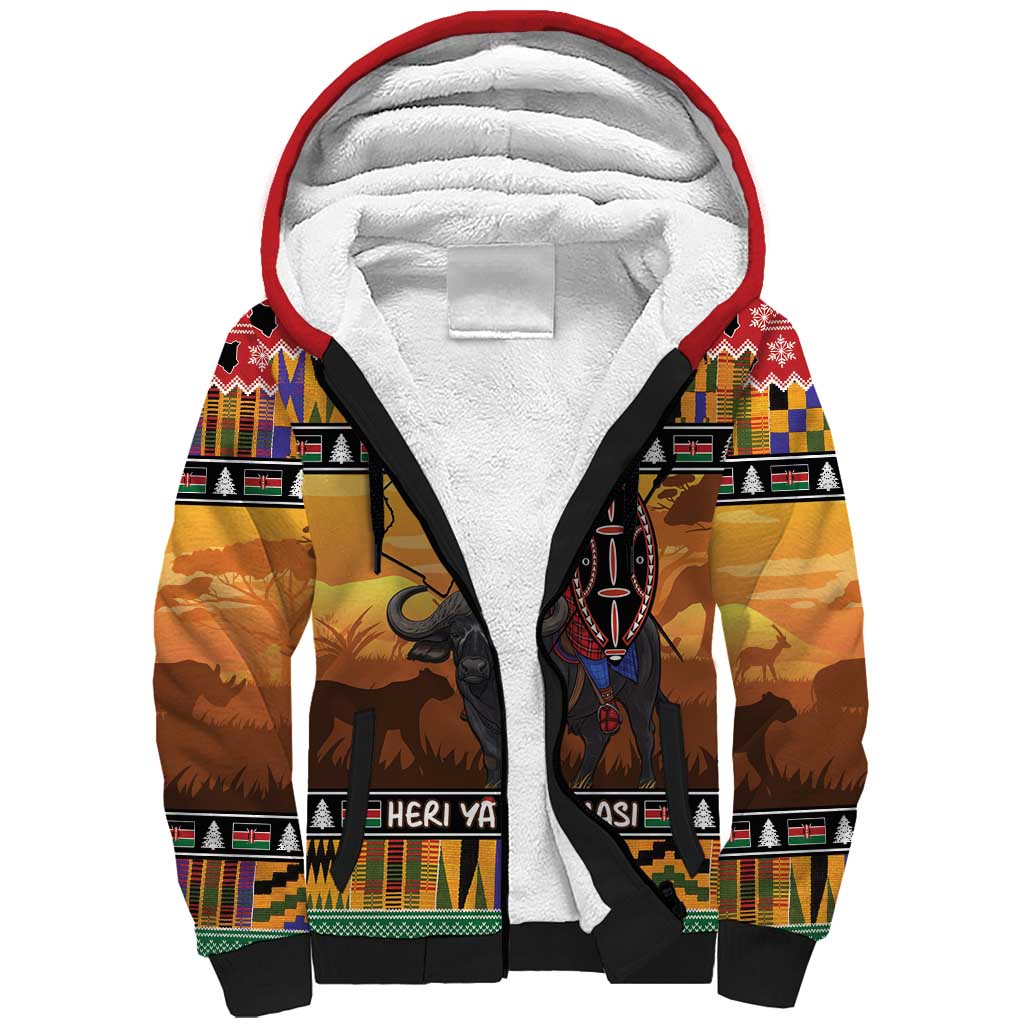 Kenya Safari Christmas Sherpa Hoodie Black Santa Riding Cape Buffalo - Heri ya Krismasi - Wonder Print Shop