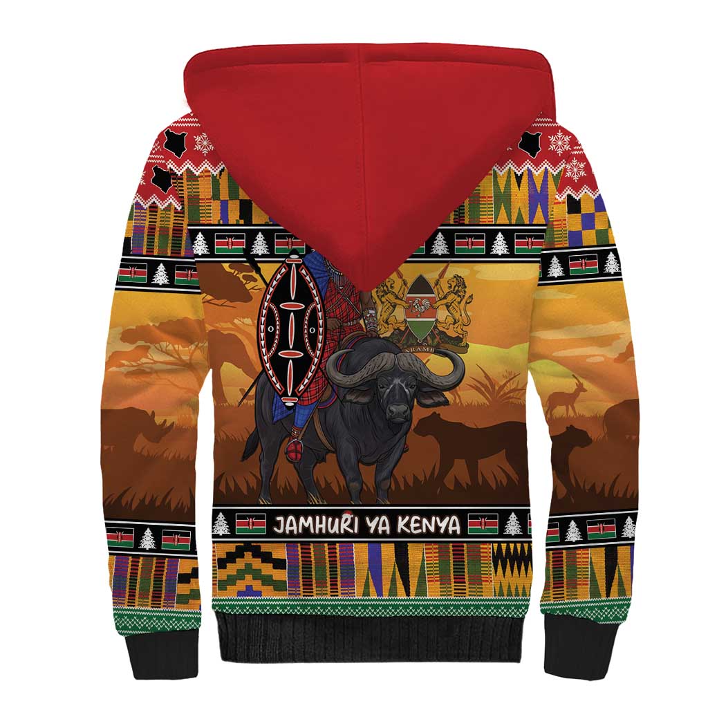 Kenya Safari Christmas Sherpa Hoodie Black Santa Riding Cape Buffalo - Heri ya Krismasi - Wonder Print Shop