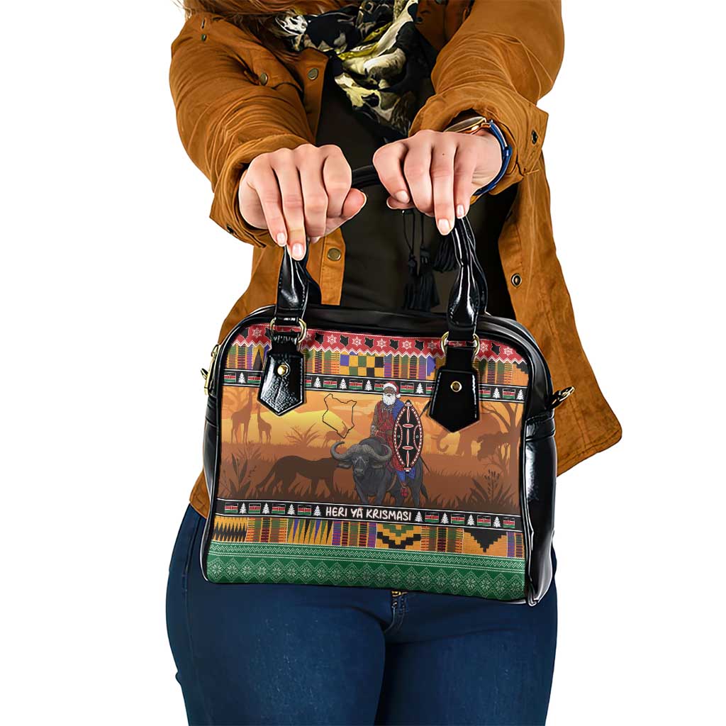 Kenya Safari Christmas Shoulder Handbag Black Santa Riding Cape Buffalo - Heri ya Krismasi - Wonder Print Shop