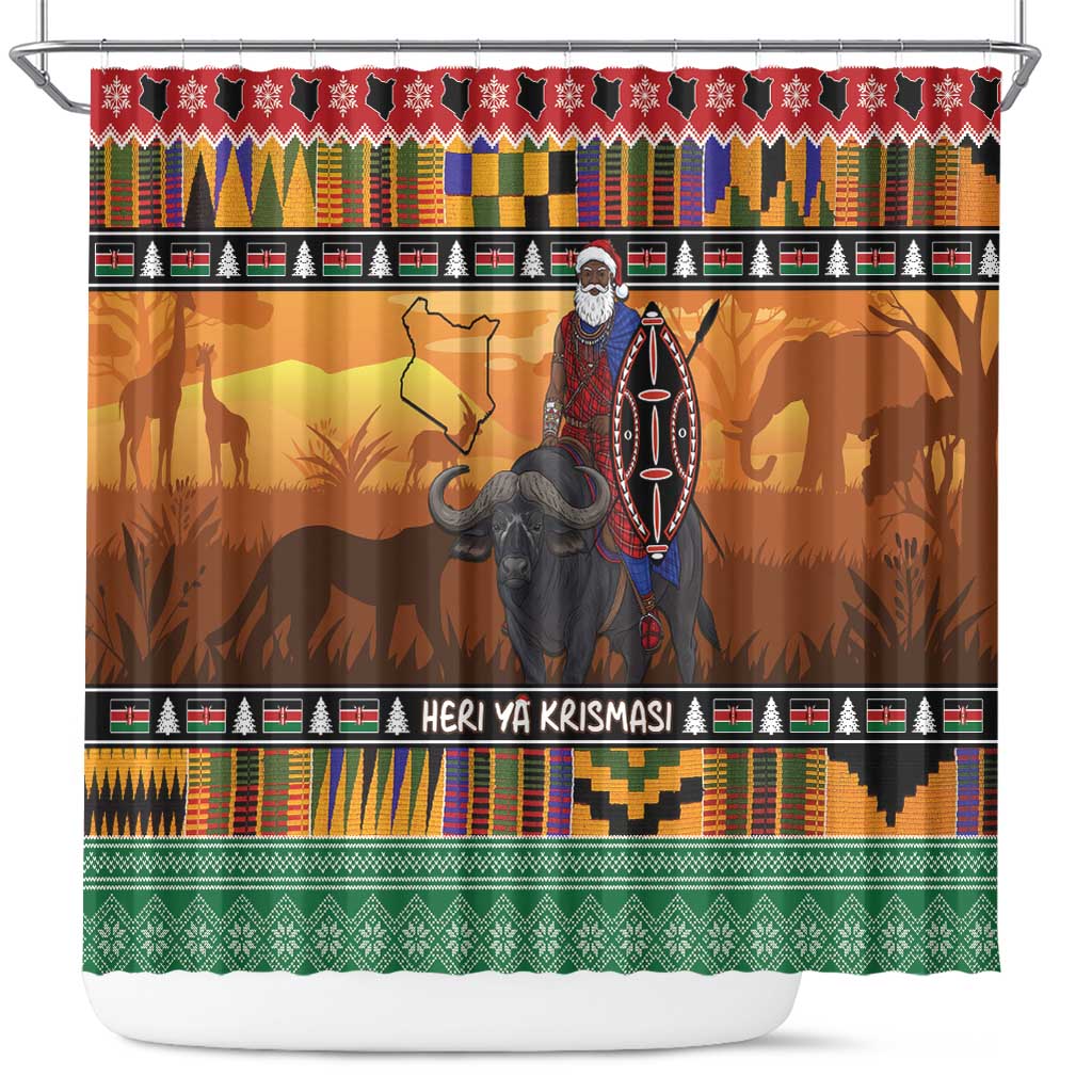 Kenya Safari Christmas Shower Curtain Black Santa Riding Cape Buffalo - Heri ya Krismasi - Wonder Print Shop