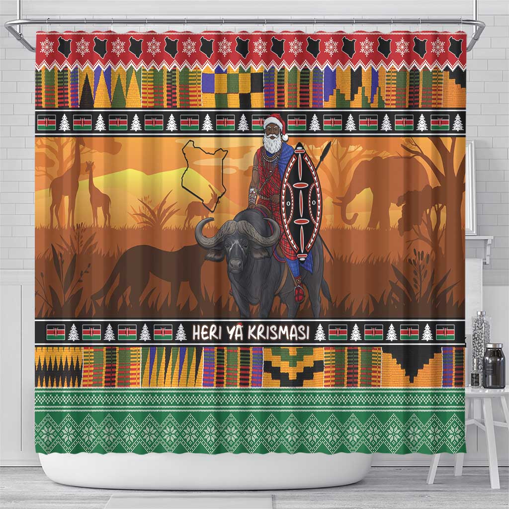 Kenya Safari Christmas Shower Curtain Black Santa Riding Cape Buffalo - Heri ya Krismasi - Wonder Print Shop