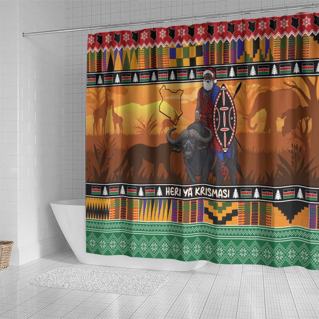 Kenya Safari Christmas Shower Curtain Black Santa Riding Cape Buffalo - Heri ya Krismasi - Wonder Print Shop