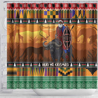 Kenya Safari Christmas Shower Curtain Black Santa Riding Cape Buffalo - Heri ya Krismasi - Wonder Print Shop