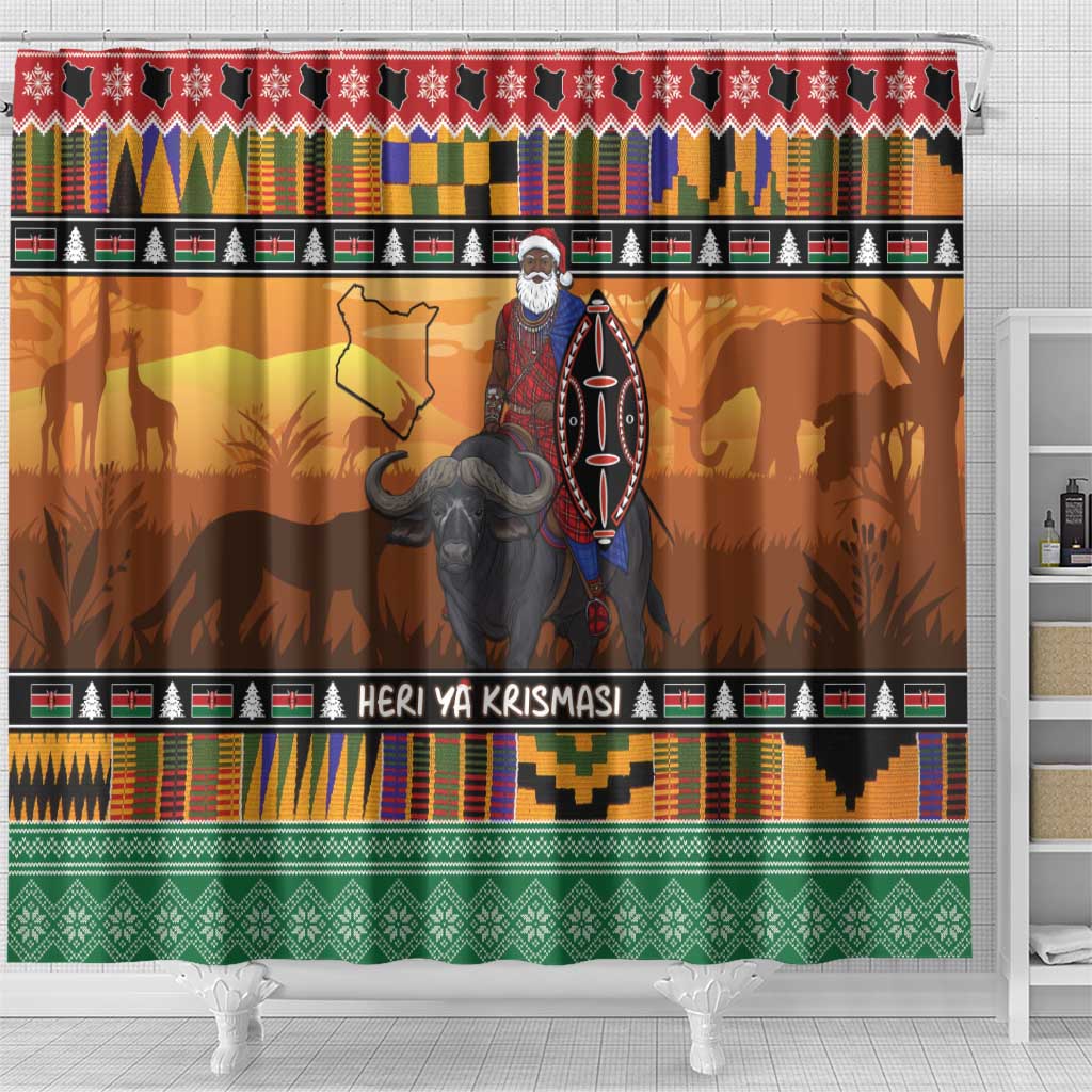 Kenya Safari Christmas Shower Curtain Black Santa Riding Cape Buffalo - Heri ya Krismasi - Wonder Print Shop