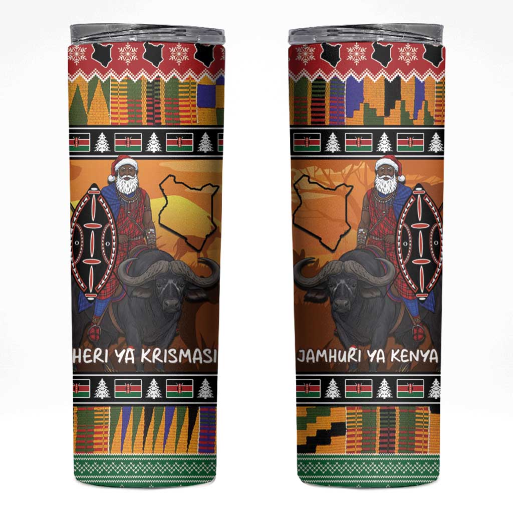 Kenya Safari Christmas Skinny Tumbler Black Santa Riding Cape Buffalo - Heri ya Krismasi - Wonder Print Shop