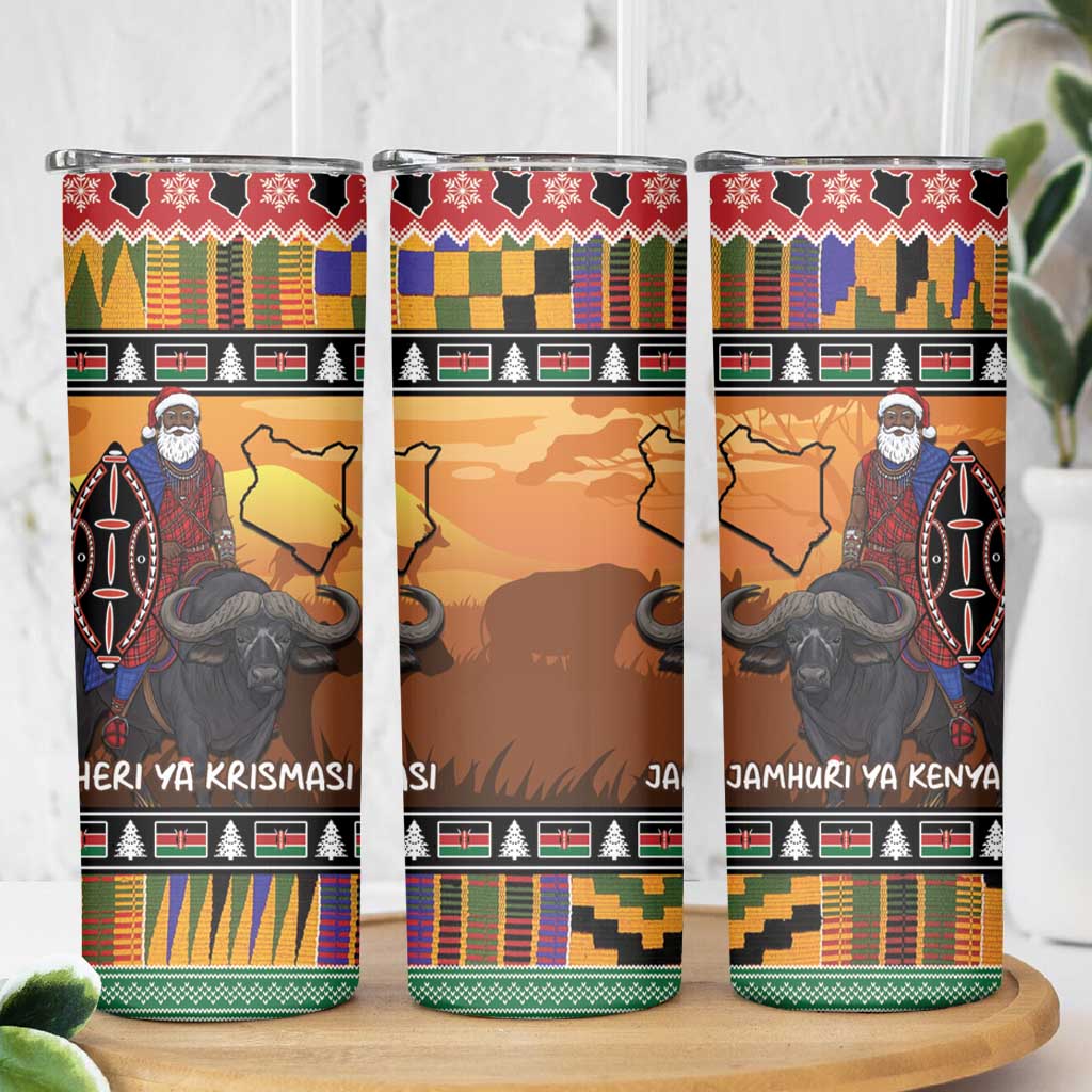 Kenya Safari Christmas Skinny Tumbler Black Santa Riding Cape Buffalo - Heri ya Krismasi - Wonder Print Shop