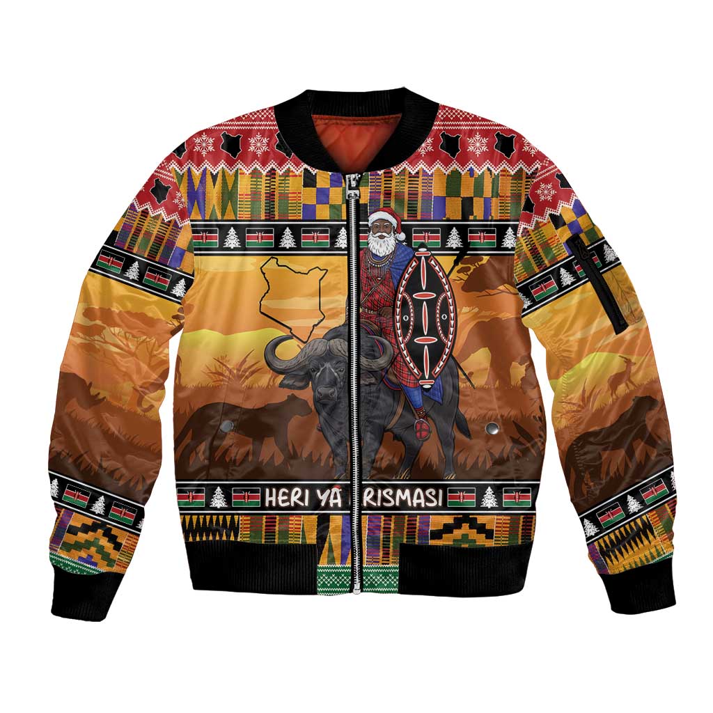 Kenya Safari Christmas Sleeve Zip Bomber Jacket Black Santa Riding Cape Buffalo - Heri ya Krismasi - Wonder Print Shop