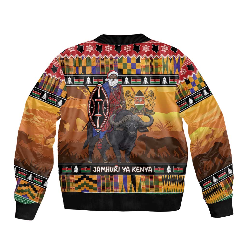 Kenya Safari Christmas Sleeve Zip Bomber Jacket Black Santa Riding Cape Buffalo - Heri ya Krismasi - Wonder Print Shop