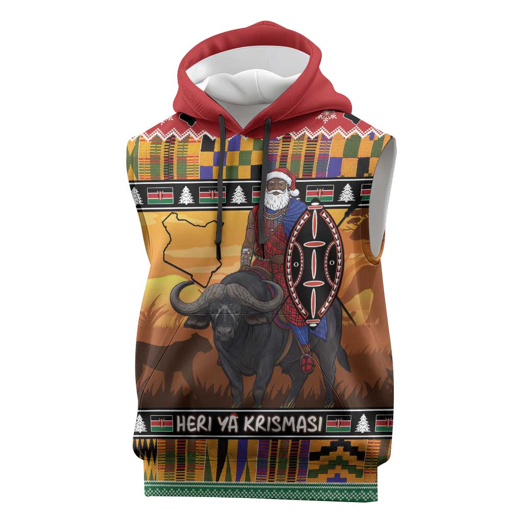 Kenya Safari Christmas Sleeveless Hoodie Black Santa Riding Cape Buffalo - Heri ya Krismasi - Wonder Print Shop