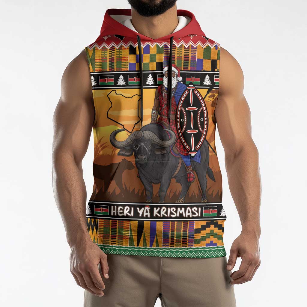 Kenya Safari Christmas Sleeveless Hoodie Black Santa Riding Cape Buffalo - Heri ya Krismasi - Wonder Print Shop