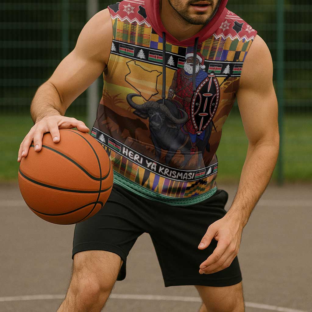Kenya Safari Christmas Sleeveless Hoodie Black Santa Riding Cape Buffalo - Heri ya Krismasi - Wonder Print Shop