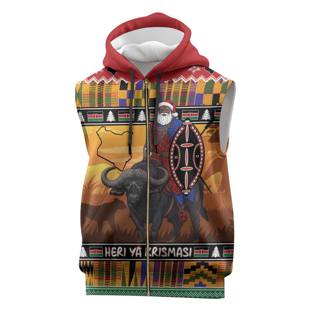 Kenya Safari Christmas Sleeveless Zip Hoodie Black Santa Riding Cape Buffalo - Heri ya Krismasi - Wonder Print Shop