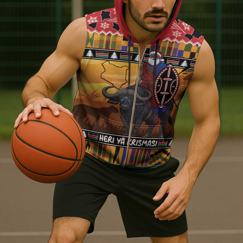 Kenya Safari Christmas Sleeveless Zip Hoodie Black Santa Riding Cape Buffalo - Heri ya Krismasi - Wonder Print Shop