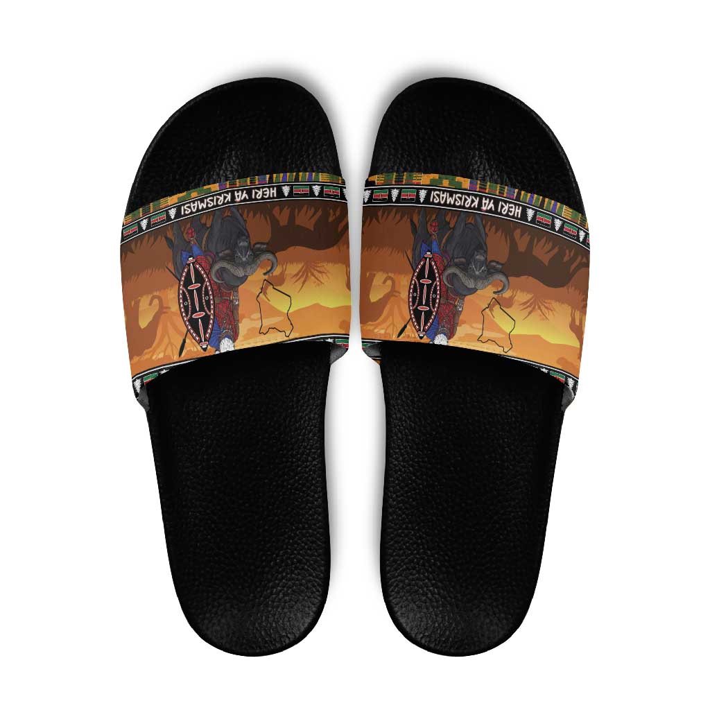 Kenya Safari Christmas Slide Sandals Black Santa Riding Cape Buffalo - Heri ya Krismasi - Wonder Print Shop