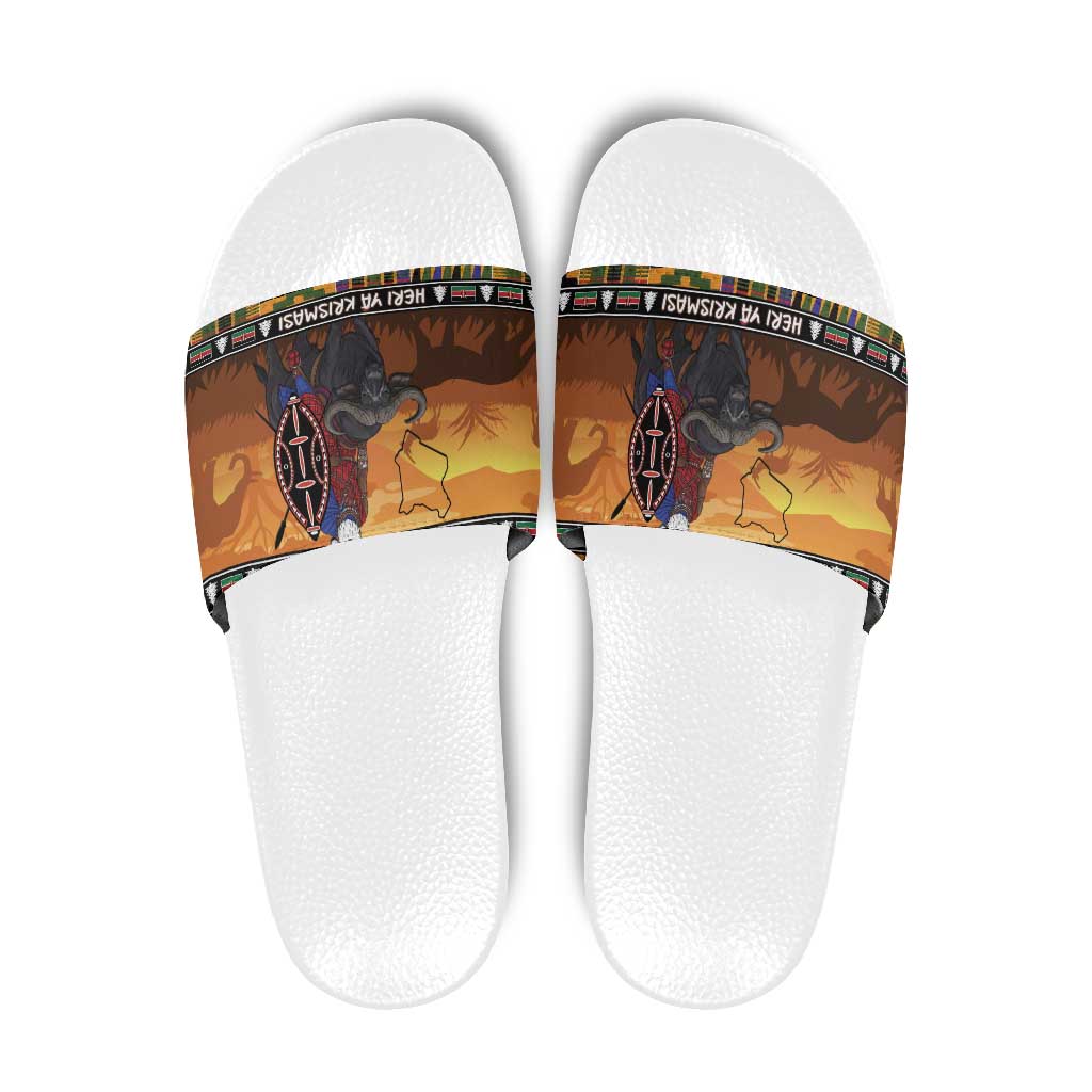 Kenya Safari Christmas Slide Sandals Black Santa Riding Cape Buffalo - Heri ya Krismasi - Wonder Print Shop