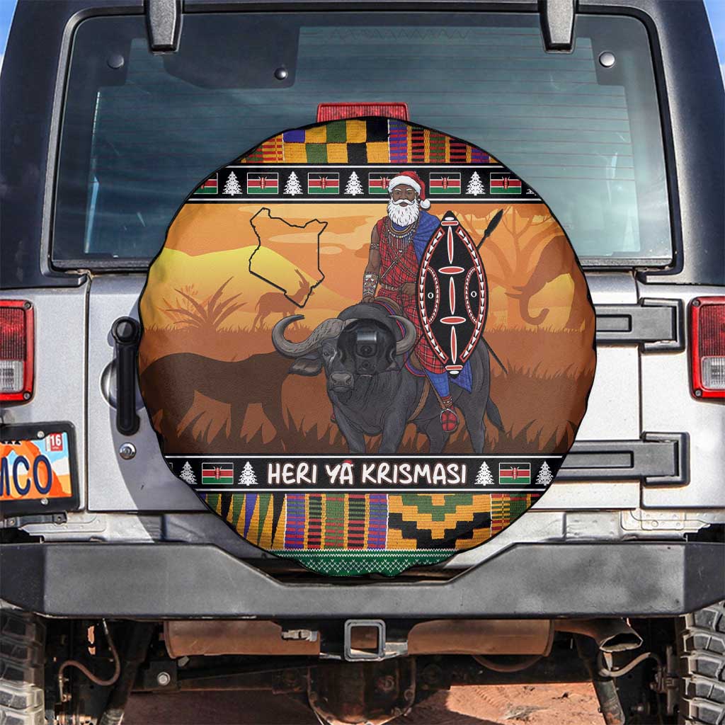 Kenya Safari Christmas Spare Tire Cover Black Santa Riding Cape Buffalo - Heri ya Krismasi - Wonder Print Shop