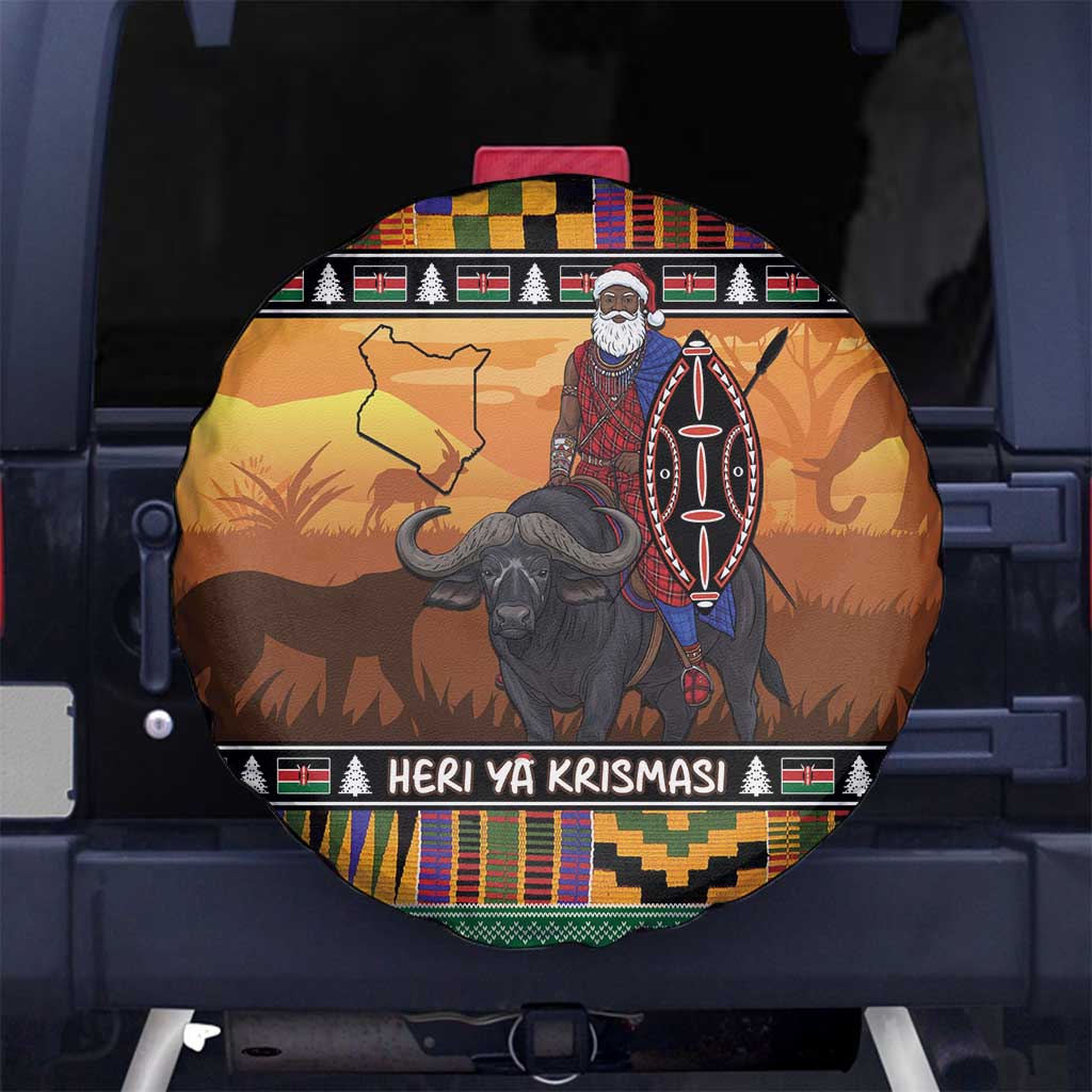 Kenya Safari Christmas Spare Tire Cover Black Santa Riding Cape Buffalo - Heri ya Krismasi - Wonder Print Shop