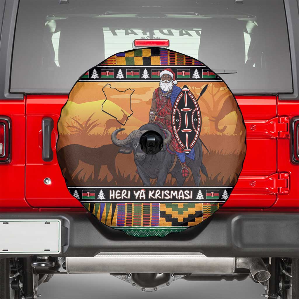 Kenya Safari Christmas Spare Tire Cover Black Santa Riding Cape Buffalo - Heri ya Krismasi - Wonder Print Shop
