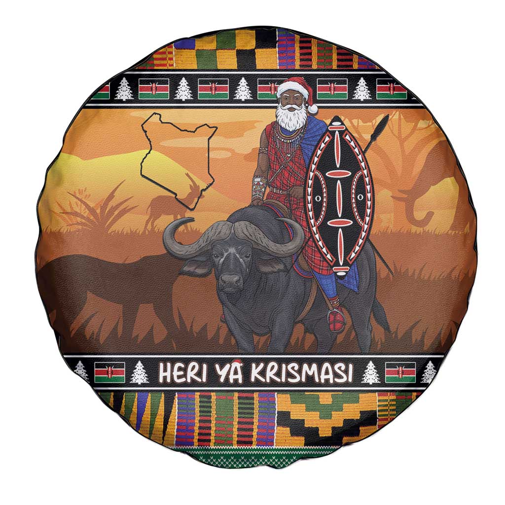 Kenya Safari Christmas Spare Tire Cover Black Santa Riding Cape Buffalo - Heri ya Krismasi - Wonder Print Shop