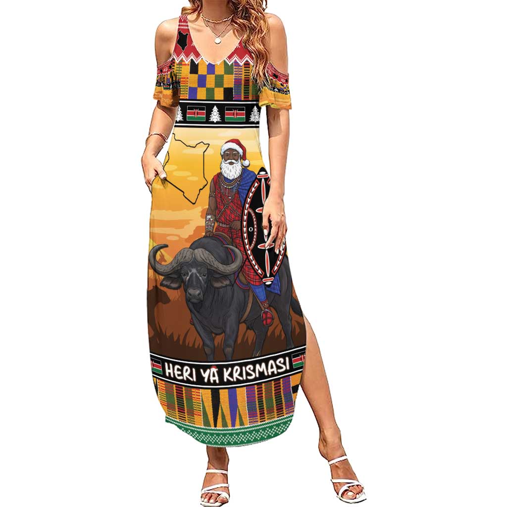 Kenya Safari Christmas Summer Maxi Dress Black Santa Riding Cape Buffalo - Heri ya Krismasi - Wonder Print Shop