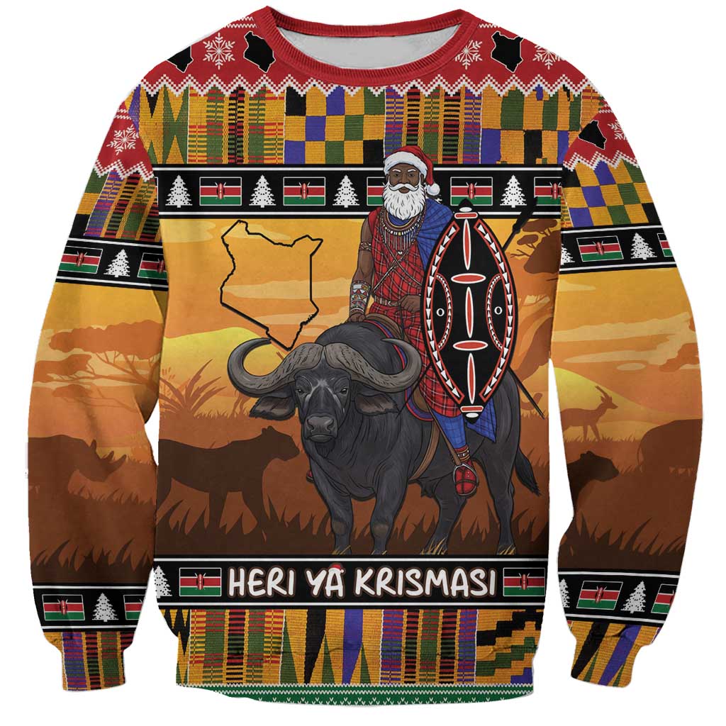 Kenya Safari Christmas Sweatshirt Black Santa Riding Cape Buffalo - Heri ya Krismasi - Wonder Print Shop
