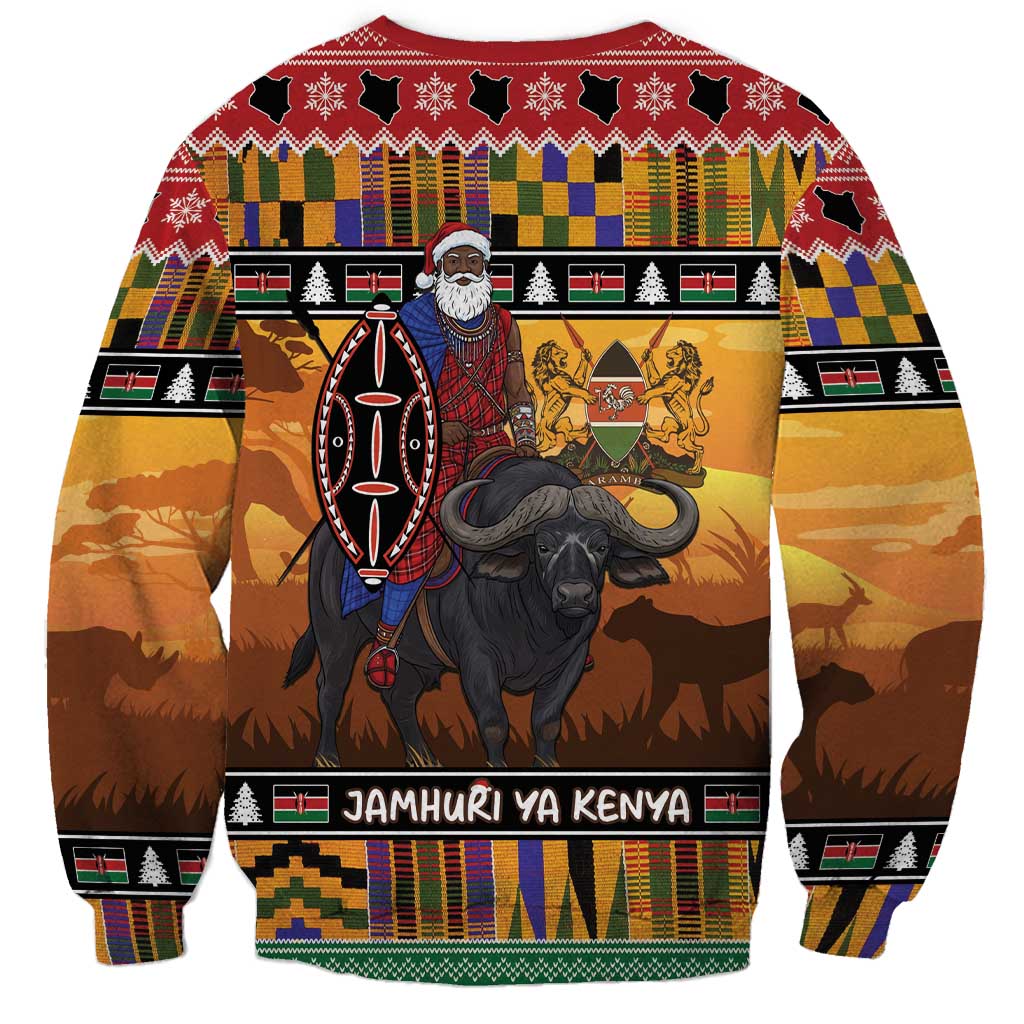 Kenya Safari Christmas Sweatshirt Black Santa Riding Cape Buffalo - Heri ya Krismasi - Wonder Print Shop
