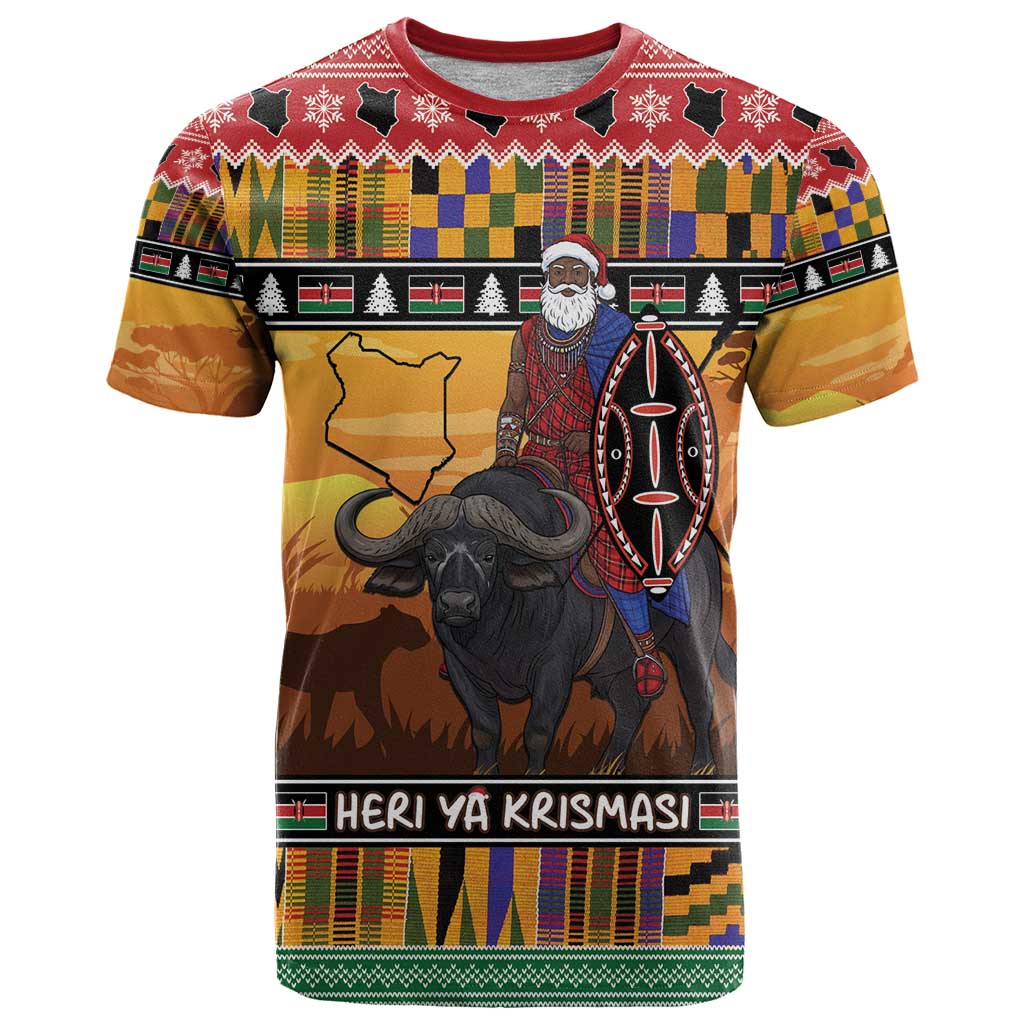 Kenya Safari Christmas T Shirt Black Santa Riding Cape Buffalo - Heri ya Krismasi - Wonder Print Shop
